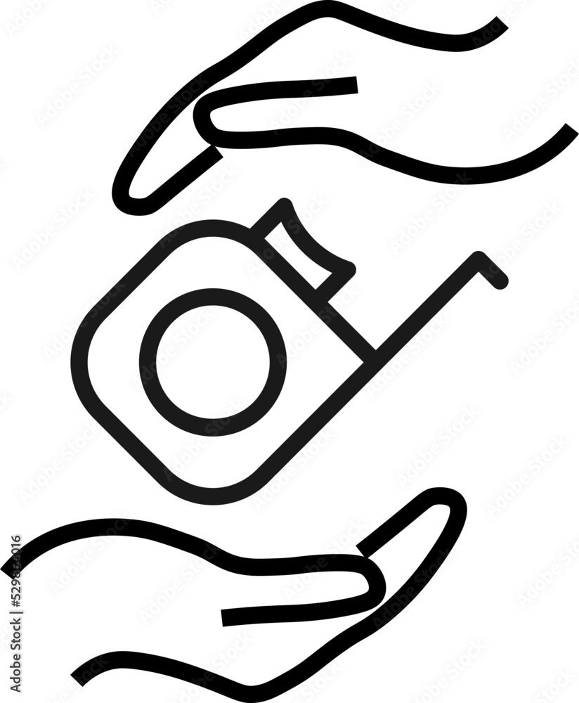 Support and gift signs. Minimalistic isolated vector image for web sites, shops, stores, adverts. Editable stroke. Vector line icon of measure tape between outstretched hands Support and gift signs. Minimalistic isolated vector image for web sites, shops, stores, adverts. Editable stroke. Vector line icon of measure tape between outstretched hands