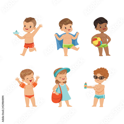 Little Children at Seaside Enjoying Summer Beach Vacation Wearing Swimwear Vector Set