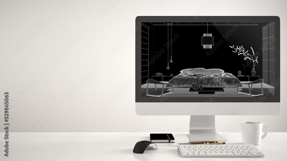 Architect house project concept, desktop computer on white background ...