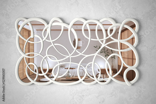 Modern twisted shape mirror hanging on the wall reflecting interior design scene, japandi bedroom, minimalist white architecture, architect designer concept idea