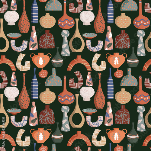 Seamless Pattern Modern ceramic vases with abstract various doodle shapes , Minimalist antique ceramic pottery for interior. Vector illustration EPS10