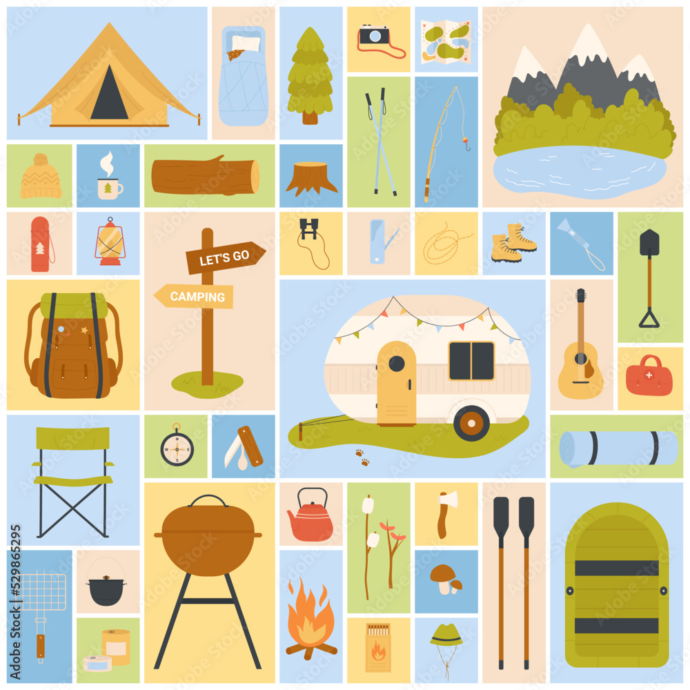 Camp set for summer outdoor adventure vector illustration. Cartoon ...