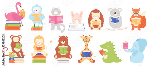 Cute animal characters read books set vector illustration. Cartoon isolated funny zoo and forest baby animals and birds reading library literature to learn and study, school education collection