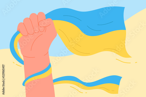 Strong hand with wavy national Ukrainian flag vector illustration. Fist rising in protest against war, fight and resist to Russian military invasion background. Stop war, stand with Ukraine concept
