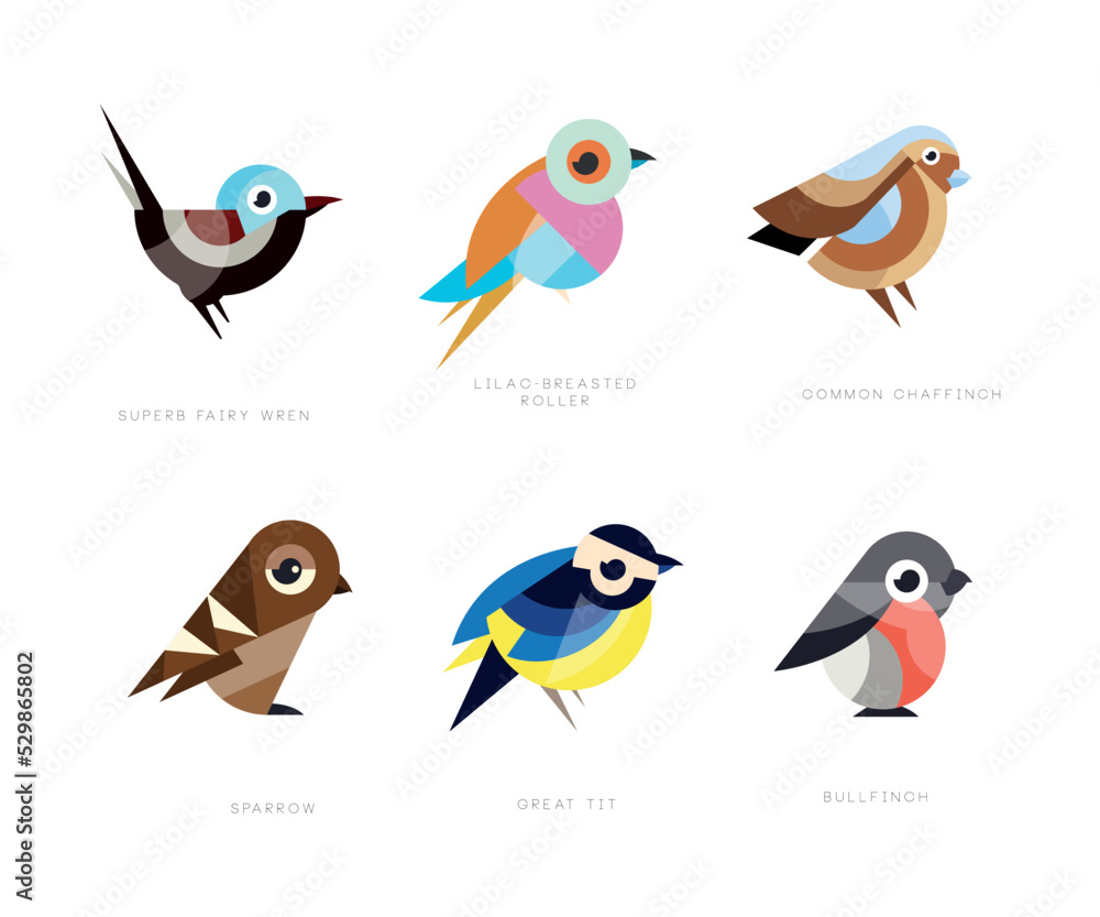 Fototapeta premium Colorful Stylized Birds Collection with Superb Fairy Wren, Lilac-breasted Roller, Common Chaffinch, Sparrow, Great Tit and Bullfinch Vector Set