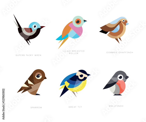 Colorful Stylized Birds Collection with Superb Fairy Wren, Lilac-breasted Roller, Common Chaffinch, Sparrow, Great Tit and Bullfinch Vector Set