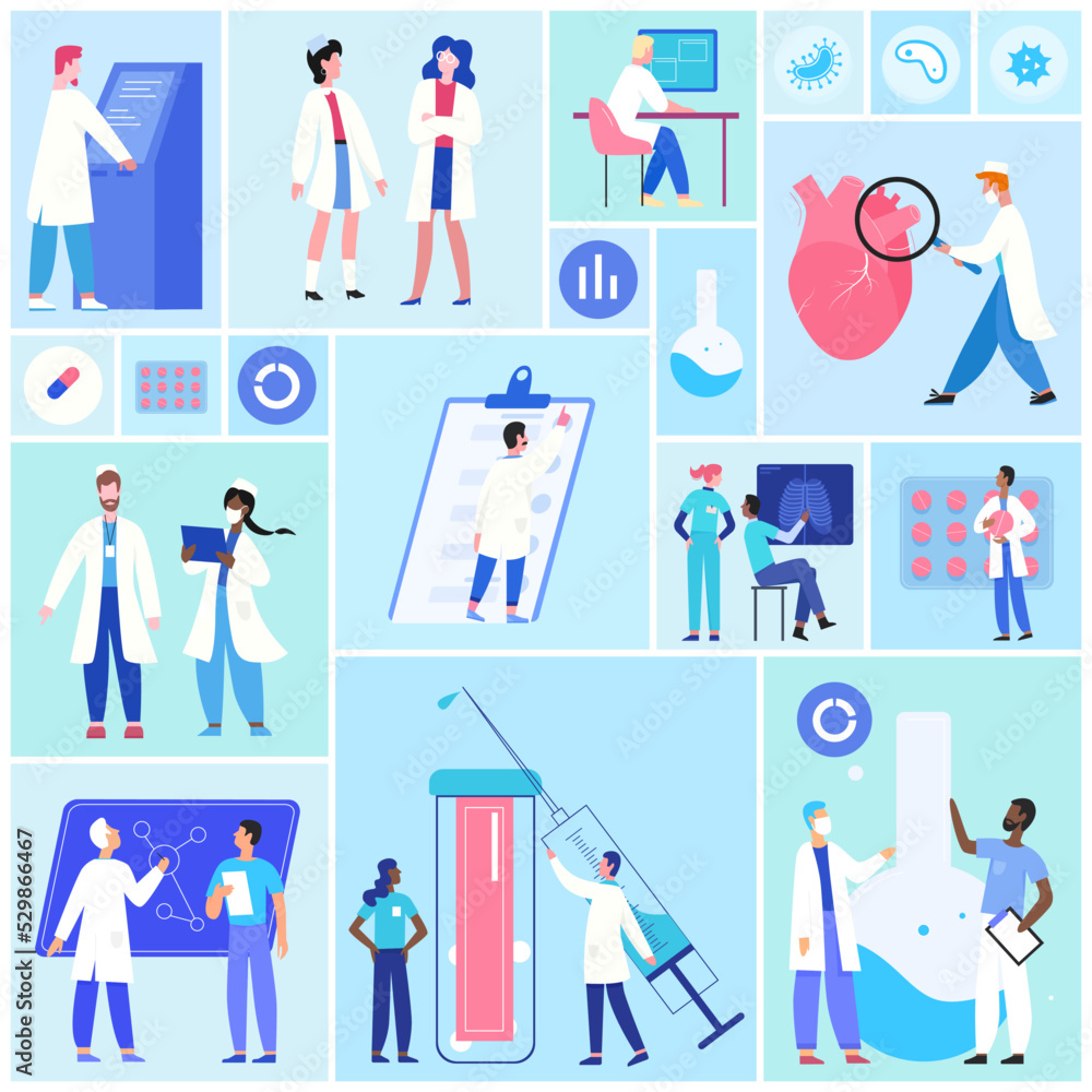 Hospital team, medical staff set vector illustration. Cartoon professional doctors and nurses in uniform work in clinic, research patients diagnosis in laboratory geometric collage background Hospital team, medical staff set vector illustration. Cartoon professional doctors and nurses in uniform work in clinic, research patients diagnosis in laboratory geometric collage background