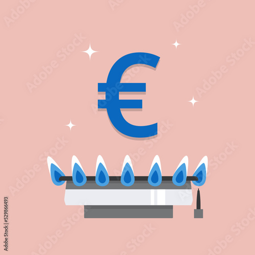 The concept of the energy crisis in Europe. Euro icon over a burning gas stove. Sanctions against Russia. Rising gas prices. Home heating problem