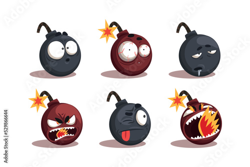 Cartoon Bomb with Burning Fuse with Spark Ready to Explode Vector Set