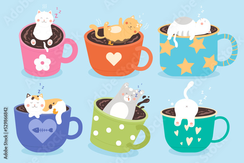 Cute cats relax in coffee or tea cups set vector illustration. Cartoon funny adorable animals sleeping in mugs, kitten characters floating in mug isolated on blue background. Good morning concept