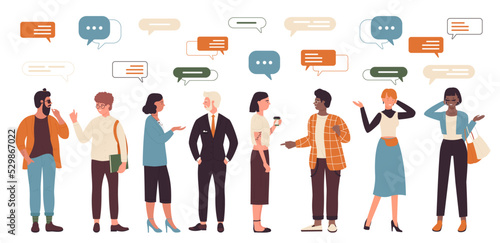 Diverse group of people talking. Cartoon man and woman of different ages communicate, message bubbles over head of student, businessman, business lady isolated white. Dialog, communication concept