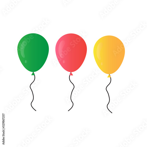 Balloons in cartoon style. Bunch of balloons for birthdays and parties. Balloon flies with string. in red, green and yellow colors isolated on a white background. Flat icons for celebration, carnival