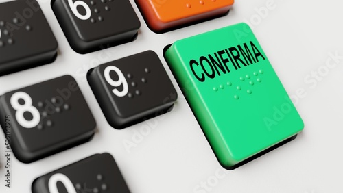 Renderização 3d de botão verde de confirmação de teclado numérico de novo modelo de urna eletrônica brasileira, escrito em português: 