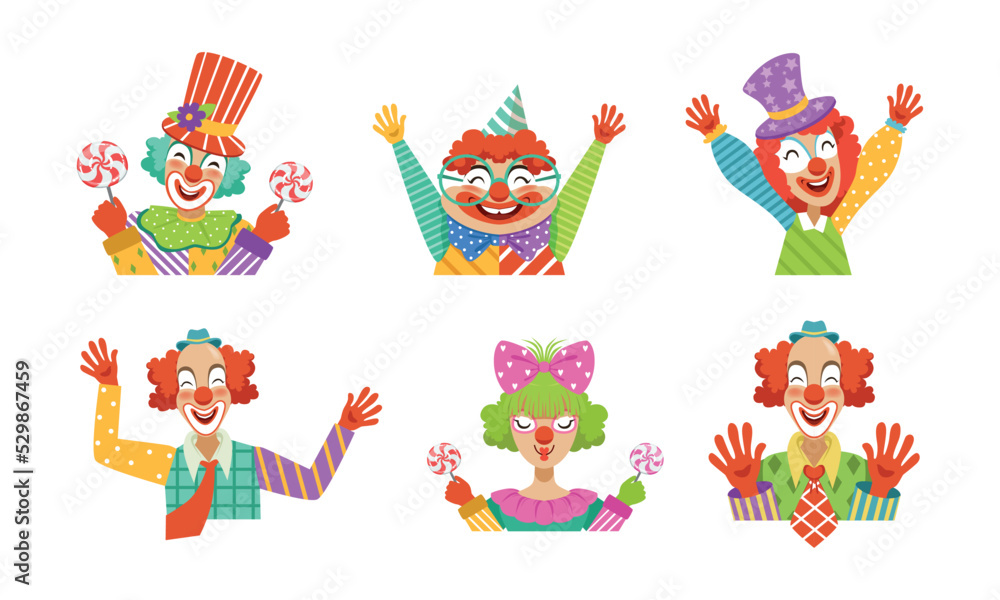 Obraz premium Funny Clown with Makeup-face and Flamboyant Costume Performing Comedy Vector Set