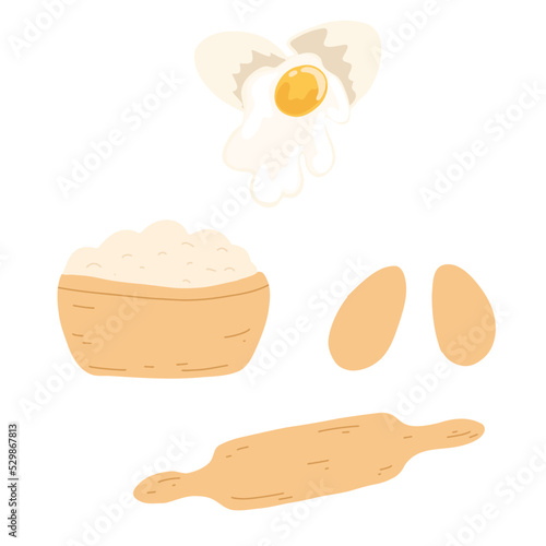 Wooden bowl with flour, eggs, rolling pin in cartoon flat style. Set of ingredients and utensils for baking, confectionery. Vector illustration