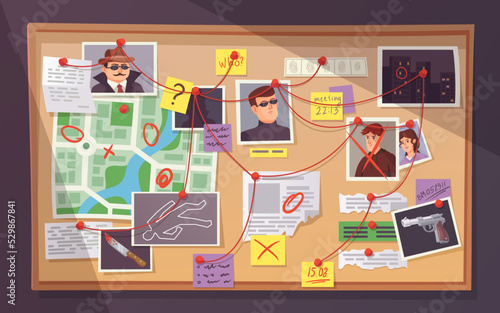 Detective board. Pinboard crime investigation map, pins threads wall criminal police clues evidence laboratory newspaper note private investigator, ingenious vector illustration