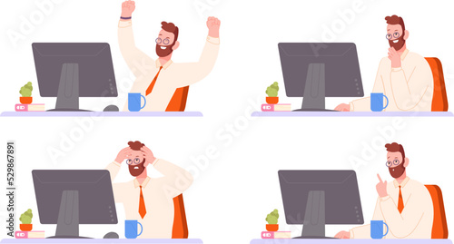 Different emotions businessman at desktop. Happy and sad employee work on computer, professional stress upset manager or angry boss, disappointed corporate man vector illustration