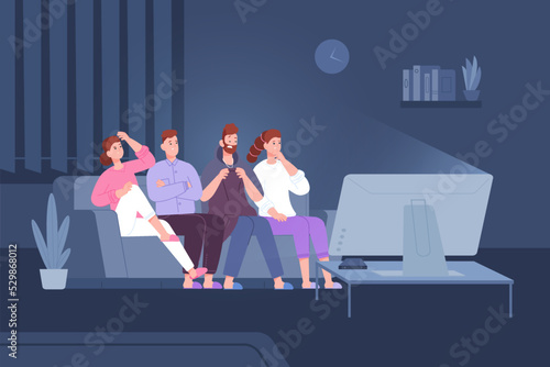 Scared people on sofa. Friends watching horror movie on home tv, afraid couples look television film thriller together in dark room, watch scary cinema concept vector illustration
