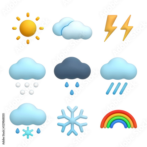 3D colorful weather vector icons set. Sun, clouds, lightning, thunderstorm, hailstones, storm, rain, snow with rain, winter, snowflake, rainbow. Isolated objects on a white background. Eps10 vector