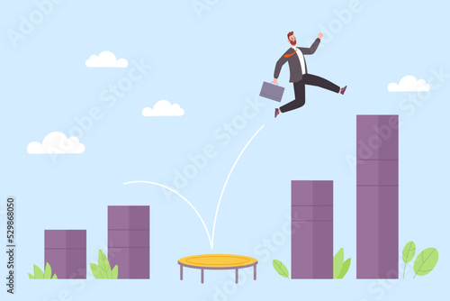 Career bounce. Businessman jump up from springboard financial profit, flying above opportunity recover economic growth confidence power leader grab business job vector illustration