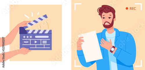 Actor reading script. Movie academic rehearsal actors casting concept, cinema action clapperboard backstage guy acting in hollywood film or theatre play, swanky vector illustration