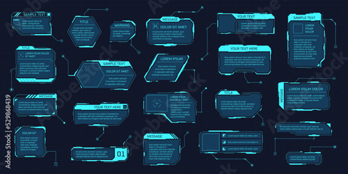 Hud callout boxes. Futuristic space display information layout, digital info frame element for text title, cyber call video screens high tech infographic garish vector illustration