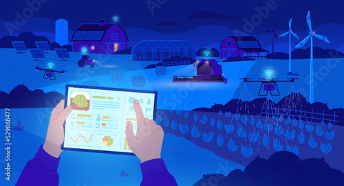 Digital village. Night smart farm management, countryside farming computer tech agriculture business, iot drone technology modern alternative energy, garish vector illustration