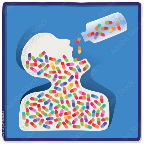 Abusing medicines, schematic illustration of human figure swallowing too many pills, vector illustration.