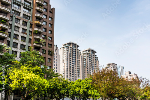 Low angle view of the modern architectural landscape in Taichung, Taiwan.