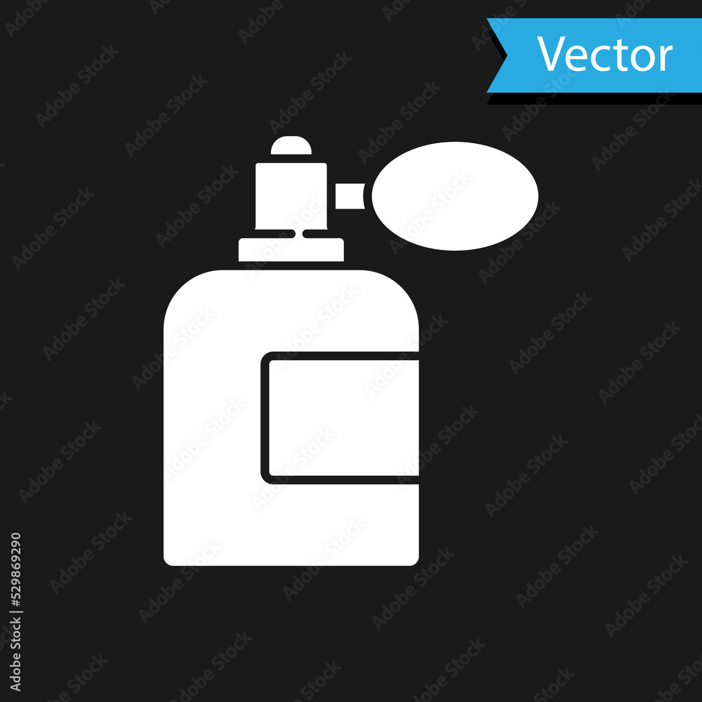White Aftershave bottle with atomizer icon isolated on black background. Cologne spray icon. Male perfume bottle. Vector Illustration White Aftershave bottle with atomizer icon isolated on black background. Cologne spray icon. Male perfume bottle. Vector Illustration