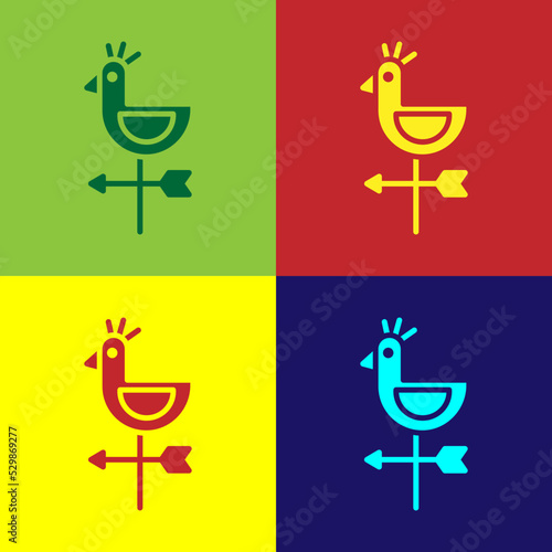 Pop art Rooster weather vane icon isolated on color background. Weathercock sign. Windvane rooster. Vector Illustration