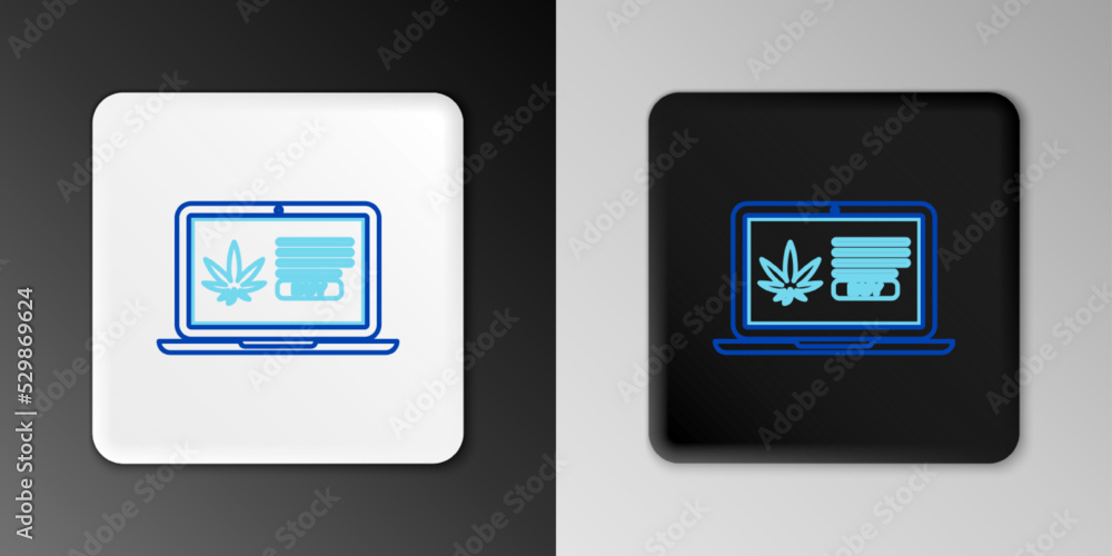 Line Laptop and medical marijuana or cannabis leaf icon isolated on grey background. Online buying symbol. Supermarket basket. Colorful outline concept. Vector Line Laptop and medical marijuana or cannabis leaf icon isolated on grey background. Online buying symbol. Supermarket basket. Colorful outline concept. Vector