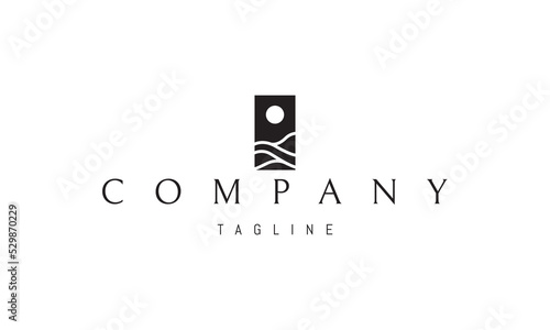 Vector logo on which an abstract image of sea waves and the sun at its zenith in a rectangle.