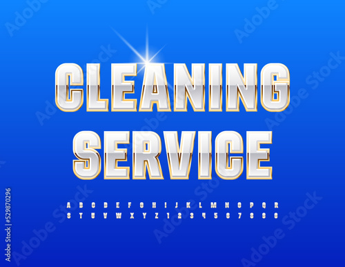 Vector business logo Cleaning Service.  White and Gold glossy Font. Elite Alphabet Letters and Numbers