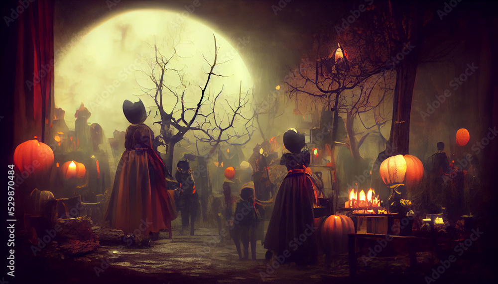 Digital art of a haunted forest and scary figures emerging from smoke.