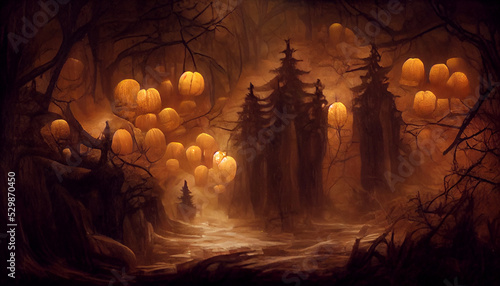Photographie Digital art of a haunted forest and scary figures emerging from smoke