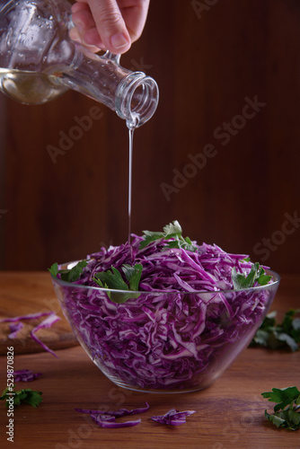 Cabbage salad on a dark background with a place for an inscription. healthy food, diet