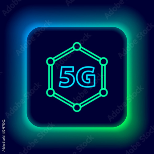 Glowing neon line 5G new wireless internet wifi connection icon isolated on black background. Global network high speed connection data rate technology. Colorful outline concept. Vector