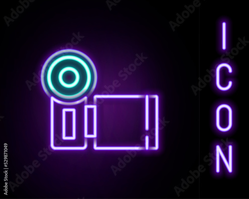 Glowing neon line Cinema camera icon isolated on black background. Video camera. Movie sign. Film projector. Colorful outline concept. Vector
