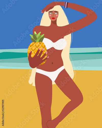 Vector summer illustration of a girl in a swimsuit with a pineapple in her hand, stands with one leg pulled up, summer vibes, summer party, vacation mood.