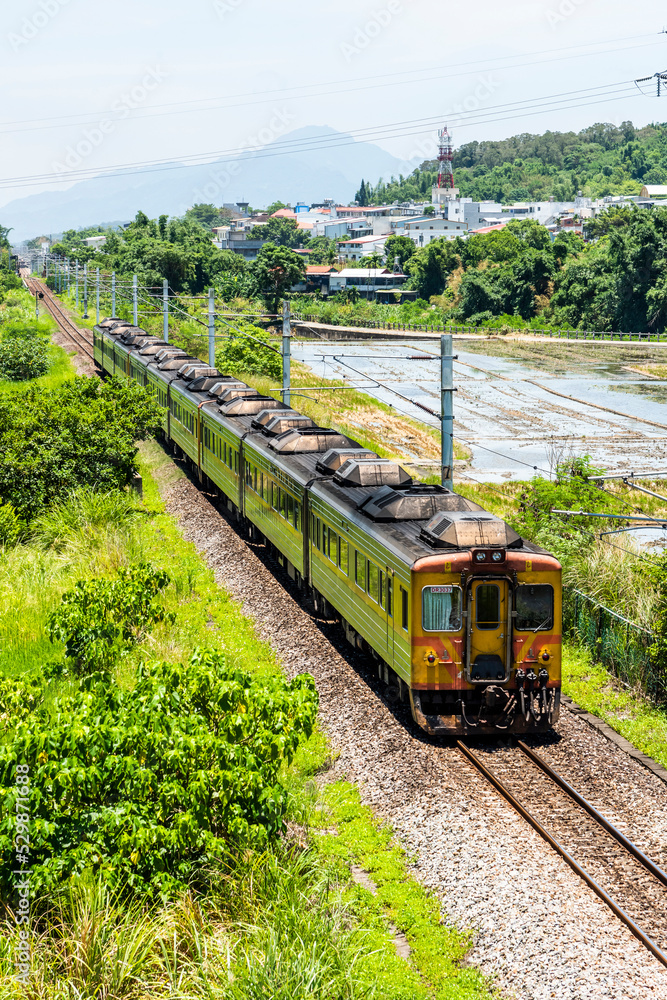 Naklejka premium The train through the beautiful countryside of Hualien, Taiwan