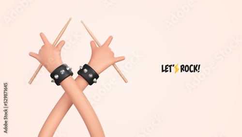 Rockstar drummer with drumsticks in his hands music vector illustration. 3d cartoon ui hero hands sign of the Rock festival music banner template two hands gesture heavy metal 