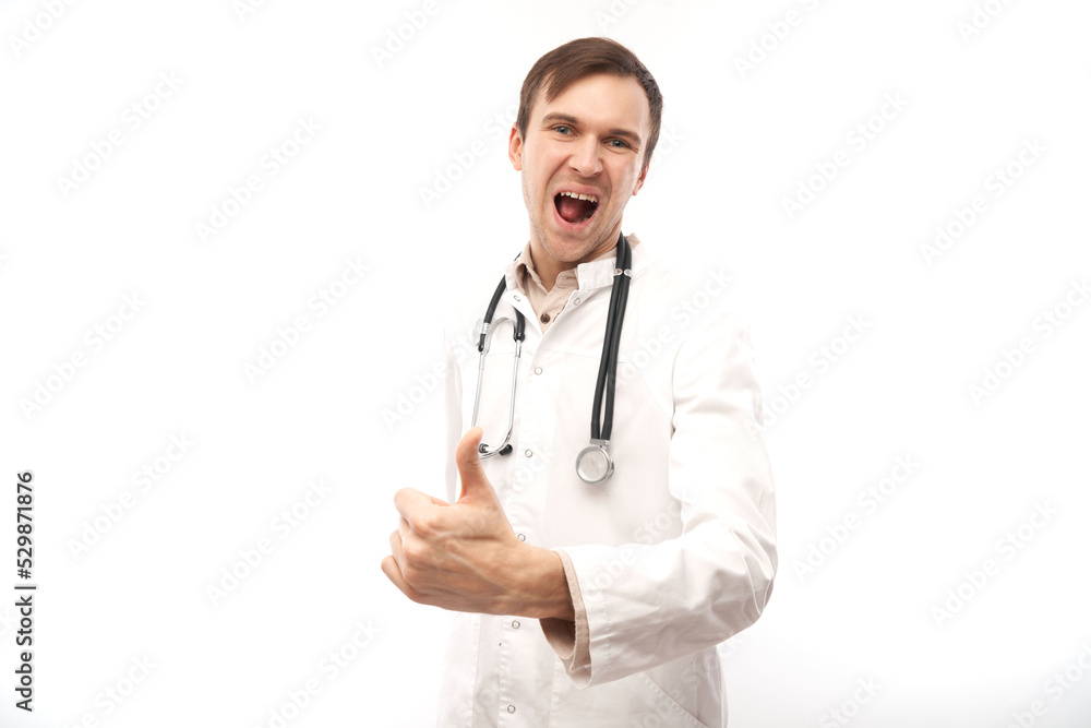 Portrait of happy doctor in white medical coat showing gesture all is well isolated on white background with copy space Portrait of happy doctor in white medical coat showing gesture all is well isolated on white background with copy space