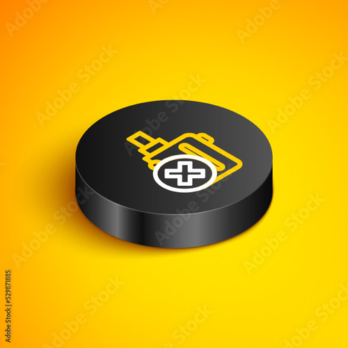 Isometric line Electronic cigarette icon isolated on yellow background. Vape smoking tool. Vaporizer Device. Black circle button. Vector