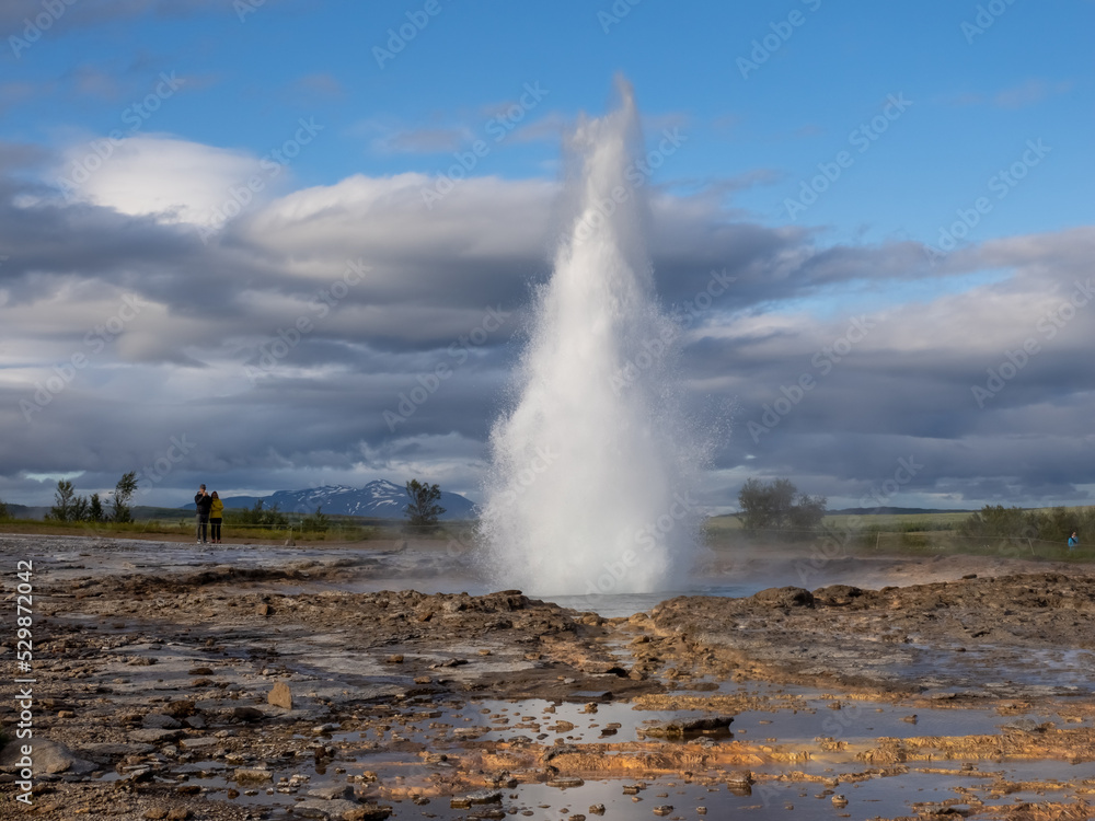 Geysir home to the Strokkur geyser in southwestern Iceland. Lying in the Haukadalur valley on the slopes of Laugarfjall hill