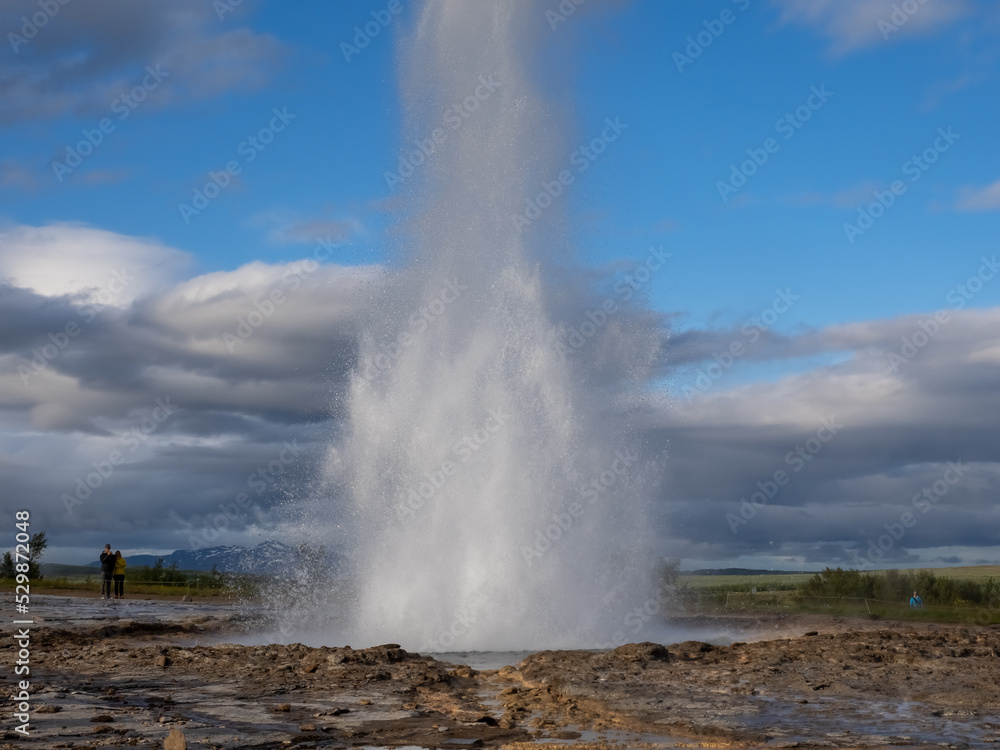 Geysir home to the Strokkur geyser in southwestern Iceland. Lying in the Haukadalur valley on the slopes of Laugarfjall hill