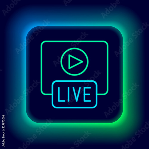 Glowing neon line Live streaming online videogame play icon isolated on black background. Colorful outline concept. Vector