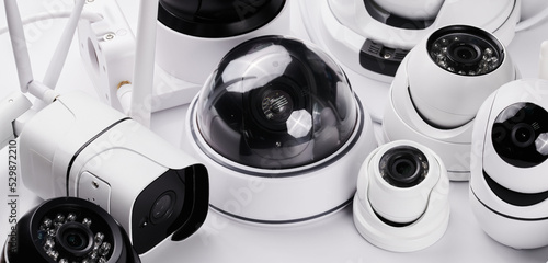Surveillance cameras, set of different videcam, cctv cameras isolated on white background close up. home security system concept