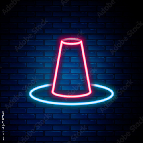 Glowing neon line Traditional korean hat icon isolated on brick wall background. Colorful outline concept. Vector