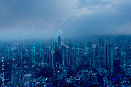 5G network connection technology and smart city concept. Aesthetic intricate wave line design banner template background